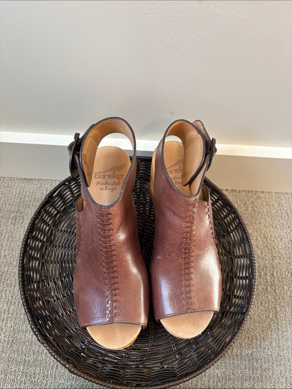 Dansko Brown Leather Open-Toe Woven-Detail Mules